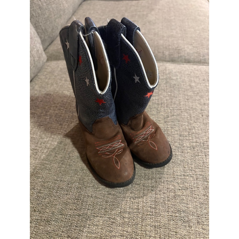 Old West Kids Brown Blue Star Leather Cowboy Boots Size 8.5 D Patriotic Western